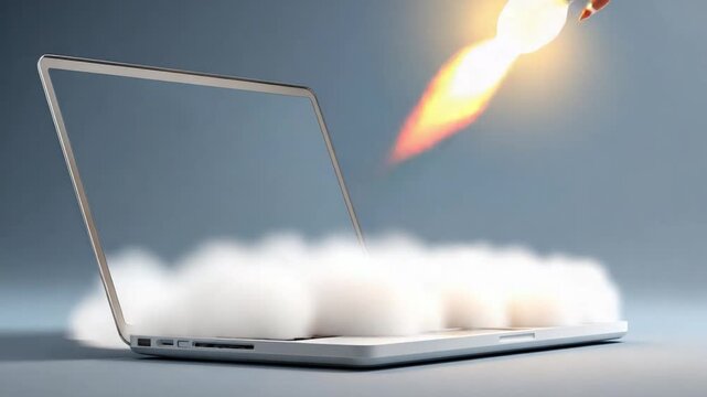 Tech Launch: A laptop takes flight with a rocket engine, symbolizing rapid technological advancement and innovation in the digital age.