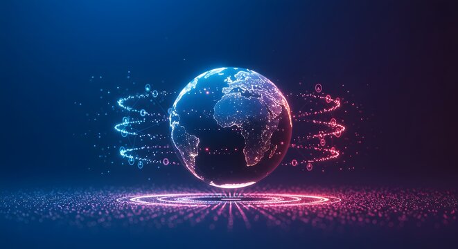 Abstract Digital Earth with Glowing Orbits and Particles on Dark Blue Background