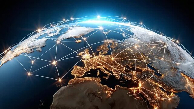 Global Network: The image showcases a digital network superimposed on the Earth, signifying interconnectedness. Illuminated nodes and lines trace routes across continents.