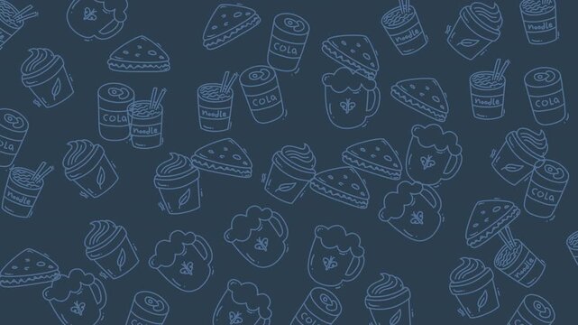 Food doodle illustrations of beer, noodles, and sandwiches in a handdrawn style, perfect for menu designs and food blogs. Great for restaurant promotions and foodthemed social media content.