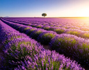 Lavender Field at Sunset - Aromatic Purple Hues and Golden Light.