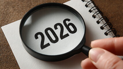 Hand holding a magnifying glass focuses on the year "2026