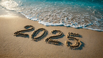 number 2025 written on sandy beach