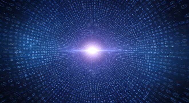 Abstract Digital Tunnel of Binary Code Data Stream with Bright Light at the End