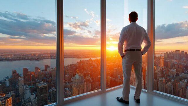Visionary's Ascent: A silhouette of a forward-thinking individual gazing upon a city at dawn, symbolizing ambition and the pursuit of goals, against a breathtaking sunrise view.