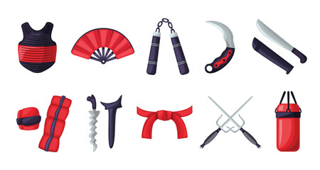 Pencak silat icon set, traditional indonesian martial art icons, martial arts equipment vector illustration, silat training tools collection, silat clip art
