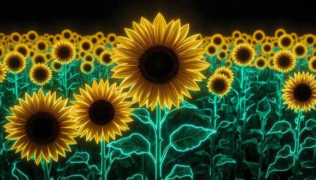 Neon outline sunflower field on black surface for striking glowing wallpaper design