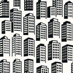 Seamless Pattern of Urban Office Building Silhouettes in Black and White