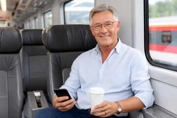 Senior man commuting by train enjoying coffee
