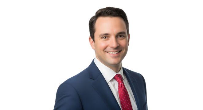 Smiling businessman in a blue suit and red tie isolated on transparent background