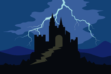 Fototapeta premium Silhouette of a castle under a dramatic lightning storm at night