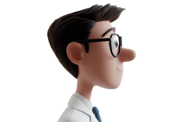 3D illustration of side vision cartoon character wearing glasses on transparent background