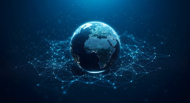 Abstract Network Globe Earth Digital Connection and Technology Background with Glowing Particles