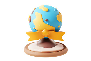 3D Cartoon Globe with Yellow Ribbon Isolated on transparent Background. Earth Illustration Concept