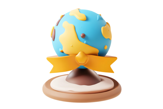 3D Cartoon Globe with Yellow Ribbon Isolated on transparent Background. Earth Illustration Concept