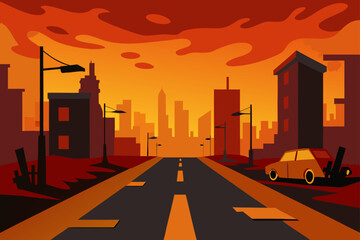 Apocalyptic cityscape with burning sky and abandoned car