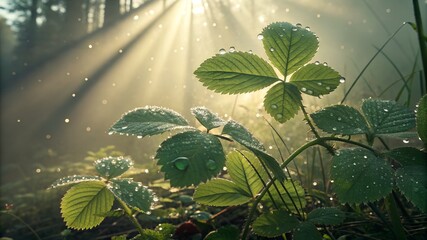 Dew kissed leaves sparkle in the morning forest sunlight scene