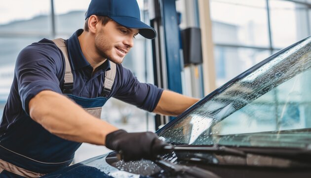 Technician Changing Windscreen Wipers At Car Station  - A Mechanic Is Replacing The Windshield Wipers On A Vehicle At A Service Station.
