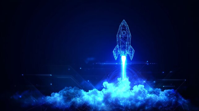 Futuristic wireframe rocket launch with flames and data streams in a high tech digital background