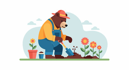 Bear Farmer Planting Flowers On A Sunny Day Illustration
