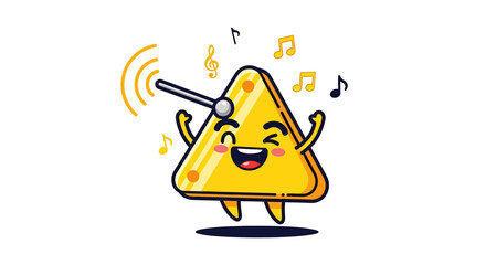 A cheerful cartoon triangle character playing a musical instrument, radiating sound waves.