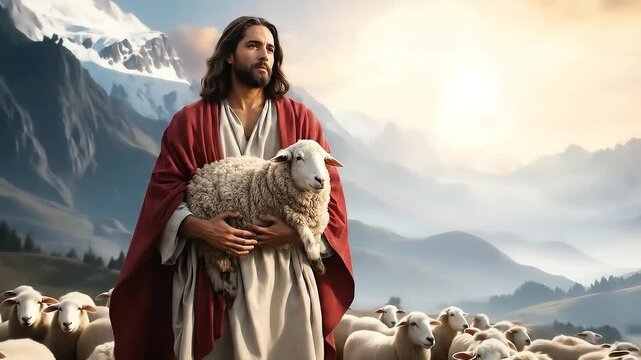 Jesus carrying a sheep in his arms. Biblical story concept.