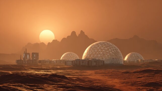 Futuristic mars colony showcasing geodesic domes and modular structures under an orange sunrise sky