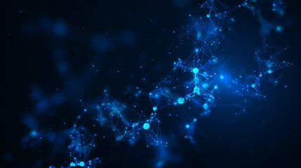 Futuristic blue abstract molecular structure with intricate networks and dots on dark background