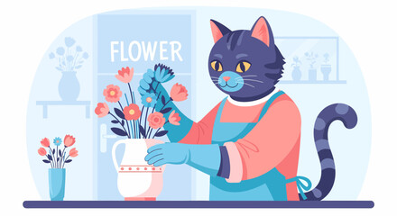 Stylish Feline Florist Arranging Flowers in a Flower Shop