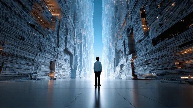 A Gaze into the Digital Canyon: A solitary figure stands dwarfed by towering, intricately designed structures, gazing into a bright, ethereal expanse.