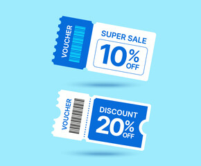 Blue discount voucher illustration showing two promotional tickets with 10% and 20% off offers, barcode, designed in flat vector style on a light blue background. 3d vector illustration. Vector
