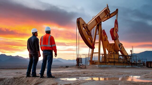 Energy Sector Outlook: Engineers standing together at a pump jack field, symbolizing the industrial focus of oil and gas exploration, under an orange sunset.