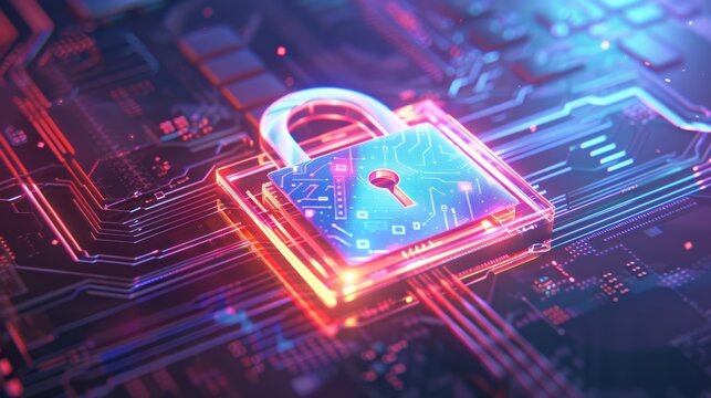 Cyber Security concept showing microchip with Glitchy padlock symbol. 3D graphic render