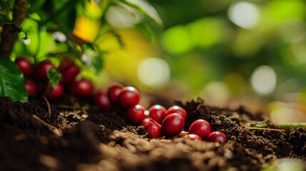 Vibrant red coffee cherries on rich soil with blurred green leaves in warm natural light