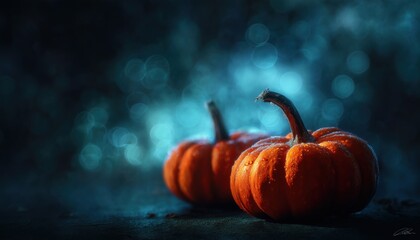 Spooky Halloween Night: Pumpkins And A Mysterious Dark Atmosphere Creating An Eerie Setting For Celebrating The Spookiest Night Of The Year.