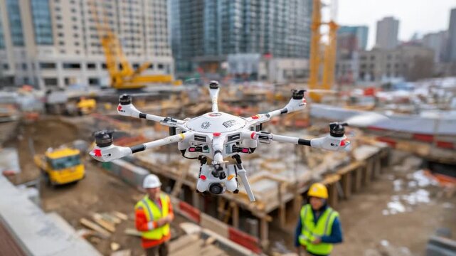 Drone Capturing Construction Site: A drone hovers over a bustling construction site, capturing the activity and progress of the building process, with construction workers on ground.