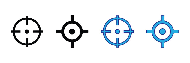 Collection of four crosshair icons, two black and two blue, isolated on a white background
