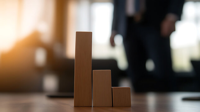 Wooden blocks decreasing in size represent a declining bar graph on a polished table. A person in a business suit is standing in the background.