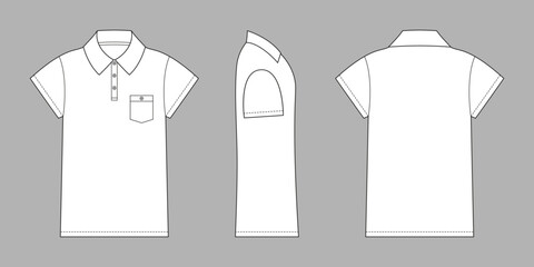 Classic polo shirt front and side back view. White unisex printed pattern features an elegant collar and short button placket at chest for both sporty and casual wear