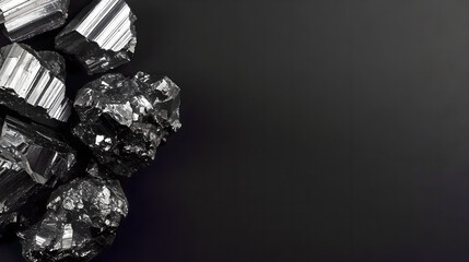 Raw molybdenum ore crystals on black shale with metallic reflections,showcasing strategic mineral resources and clean energy materials for industrial use.