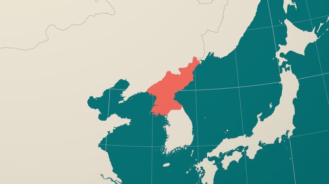 Dem. Rep. Korea map. Animated zoom into the country on the Globe in Teal Pale Mint color palette. Country logo animation. Map with meridians, parallels. Amazing video.