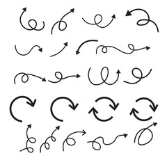 Collection of hand drawn arrow icons with swirls and curves on white background