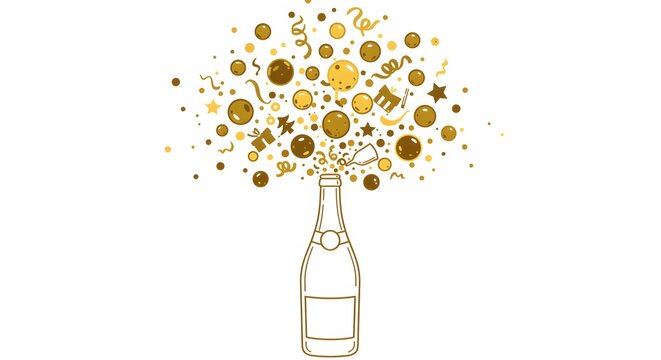Champagne Bottle Exploding with Gold Confetti, Stars, and Streamers for Celebration