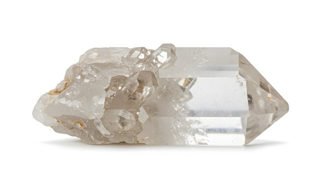 Clear Quartz Crystal Cluster With Sharp Faceted Points on White Background