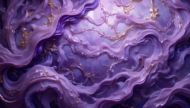 Opulent purple abstract mural with flowing silk patterns and iridescent metallic accents