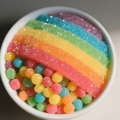 4k high quality Ai generative HD art work photo realistic sweet granulated sugar cane closeup background soft heart cane candy colorful rainbow gummy jelly beans bowl