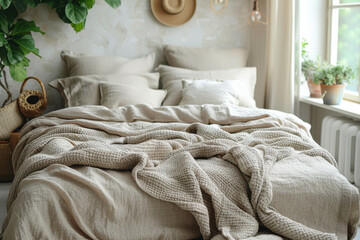 Soft linen bedding is artistically arranged in a minimal Nordic bedroom. Natural light pours in through large windows, enhancing the soothing atmosphere