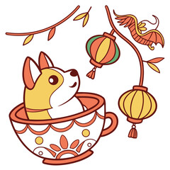 An adorable Dog with a Bashful vibe, in a teacup, and a Year of the Dragon (or relevant animal) Lunar New Year / Chinese New Year theme – SVG style