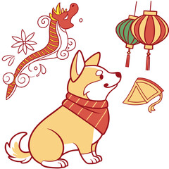 SVG art: A Content Dog in a Lunar New Year / Chinese New Year vibe with with a scarf, tinted with Year of the Dragon (or relevant animal) tones