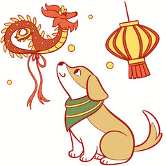 Vector illustration of a Funny Dog with with a scarf, styled in a Lunar New Year / Chinese New Year theme using Year of the Dragon (or relevant animal) colors